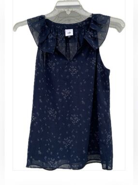 CAbi Navy Floral Ruffle-Neck Sleeveless Camisole